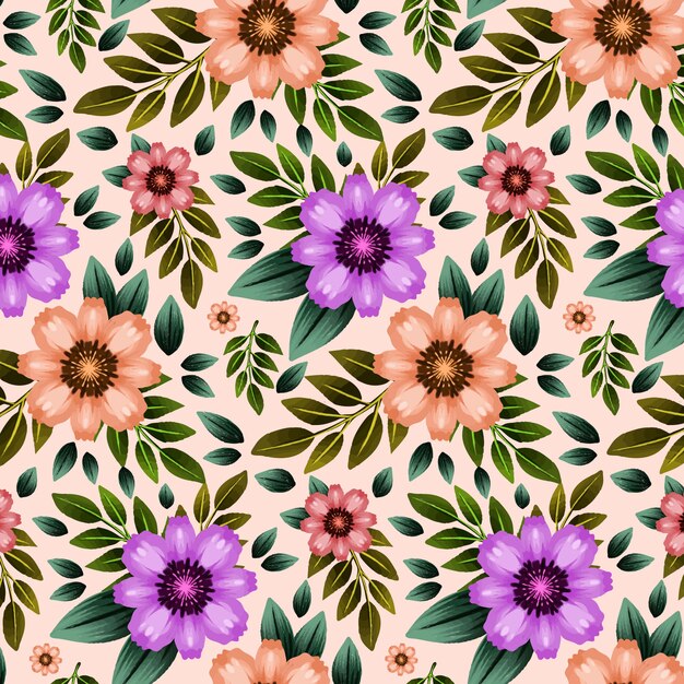 Watercolor flowers and leaves pattern