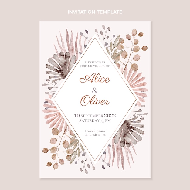 水彩花の結婚式の招待状のデザイン 無料ベクター