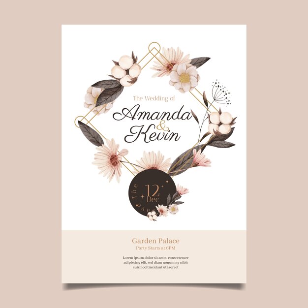 Watercolor flowers wedding invitation template