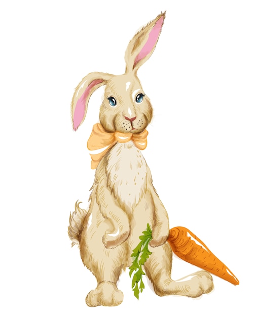 Акварельный пушистый кролик с бабочкой держит большую морковь