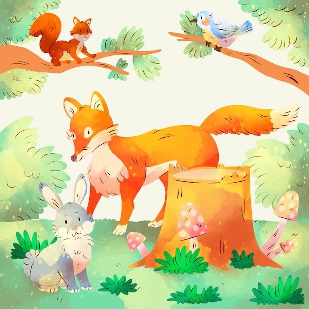 Watercolor forest animals background