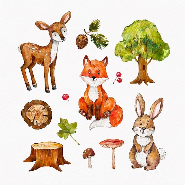 Free vector watercolor forest animals element collection