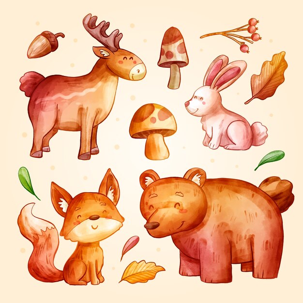 Watercolor forest animals  element collection