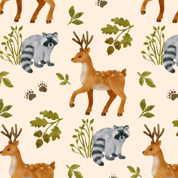 수채화 숲 동물 패턴