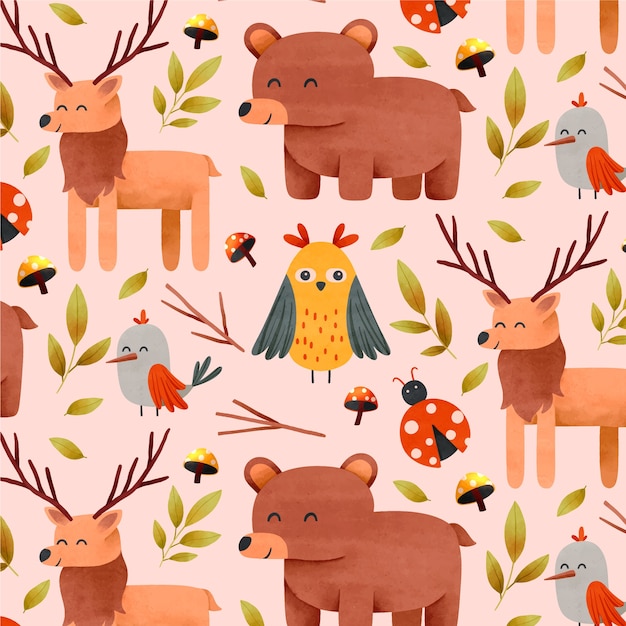 수채화 숲 동물 패턴