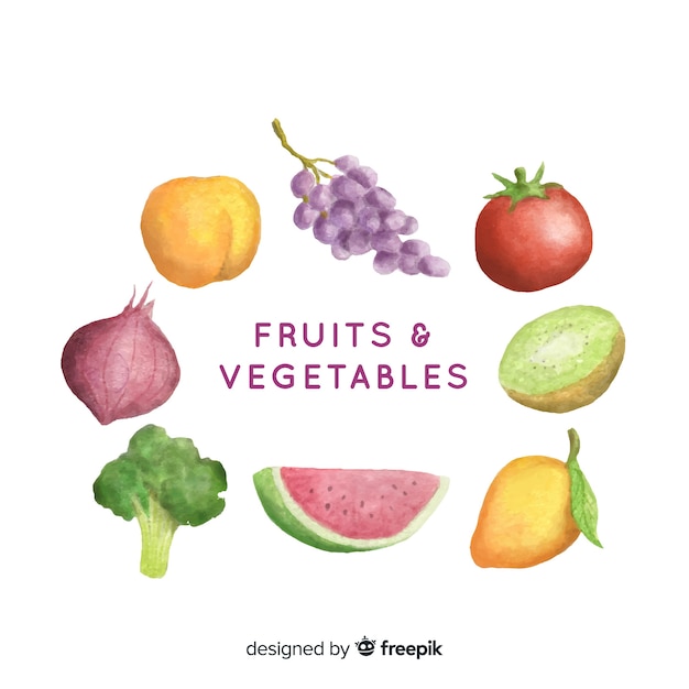 Watercolor fresh fruit and vegetable background