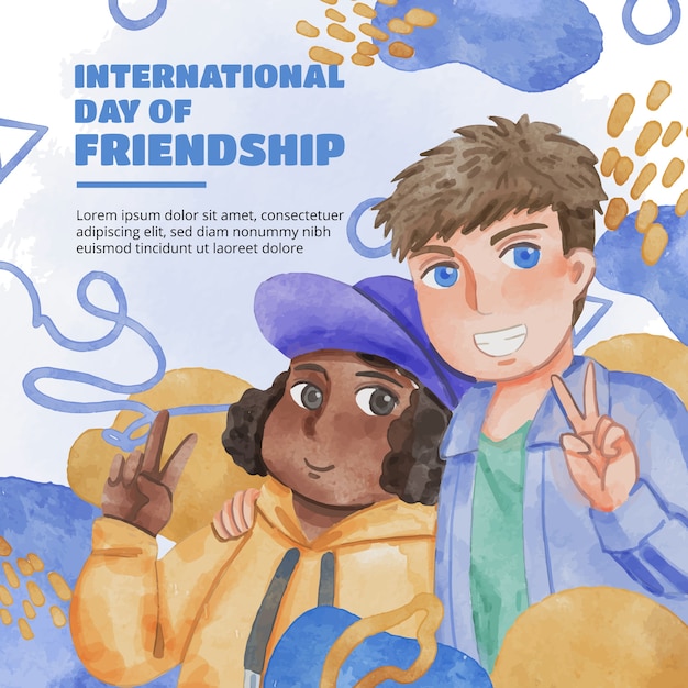 Акварельная иллюстрация дня дружбы с друзьями, показывающими знаки мира