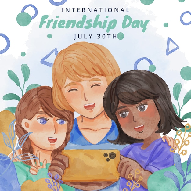 Free vector watercolor friendship day illustration with friends taking a selfie