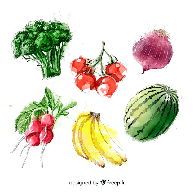Бесплатное векторное изображение Акварельная коллекция фруктов и овощей