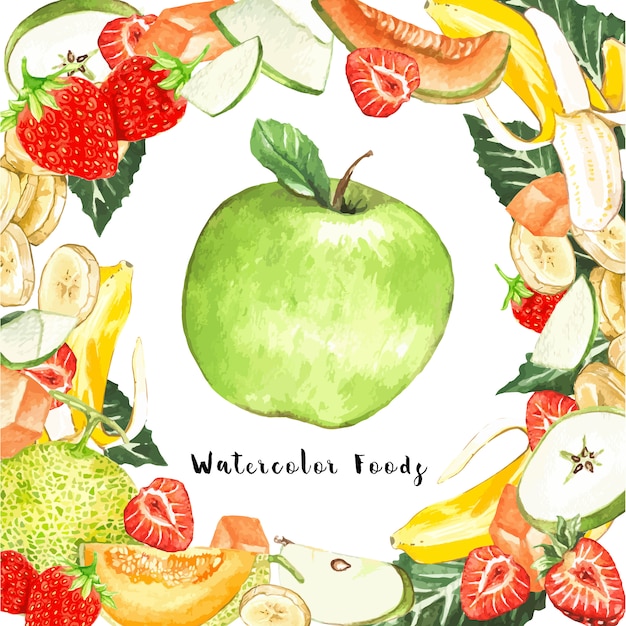 Free vector watercolor fruits around a apple