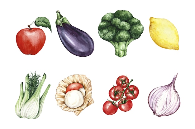 Watercolor fruits and vegetables collection