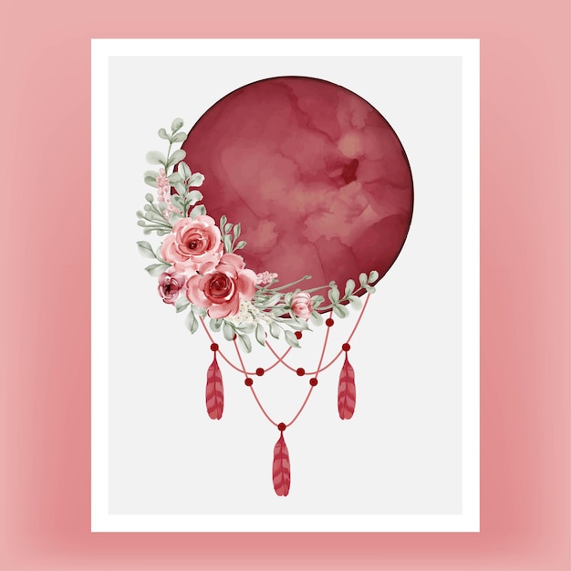 花と赤いバーガンディの水彩画の満月