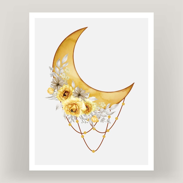Акварель полная луна желтого оттенка с цветком розы