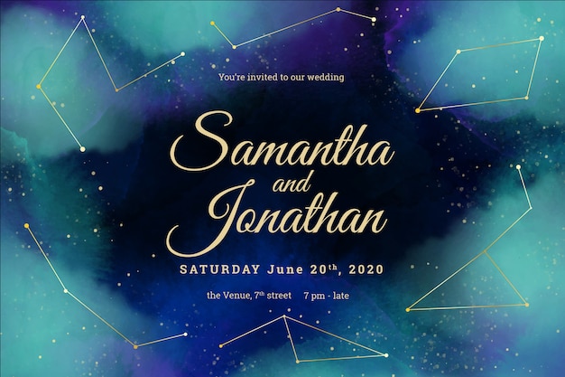 Free vector watercolor galaxy wedding invitation with constellations template