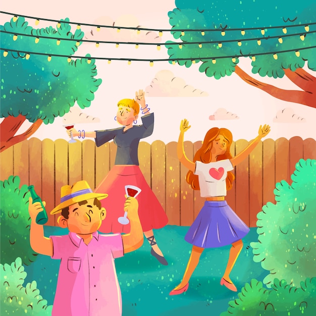 Акварельная иллюстрация вечеринки в саду