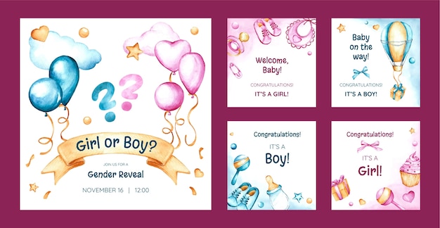 Watercolor  gender reveal party instagram posts