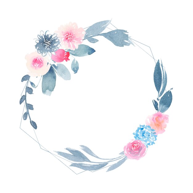 花のピンクのバラと藍の葉と水彩の幾何学的な丸い花輪