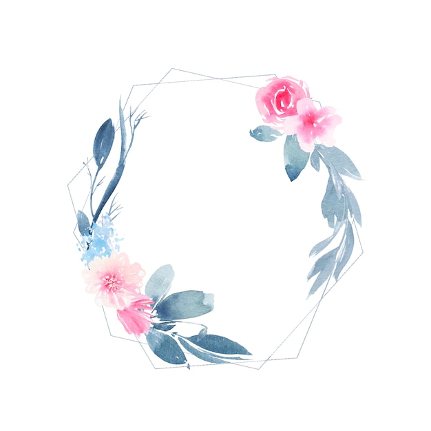 Watercolor geometric round wreath with flower pink rose and indigo leaves