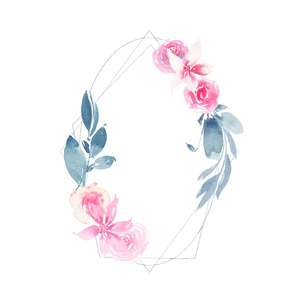 Watercolor geometric wreath with flower pink rose and indigo leaves