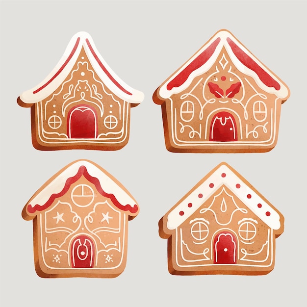 Free vector watercolor gingerbread house collection