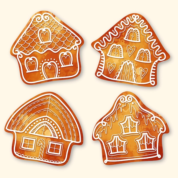 Free vector watercolor gingerbread house collection