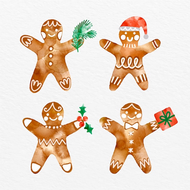 Free vector watercolor gingerbread man cookie collection