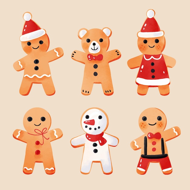 Free vector watercolor gingerbread man cookie collection