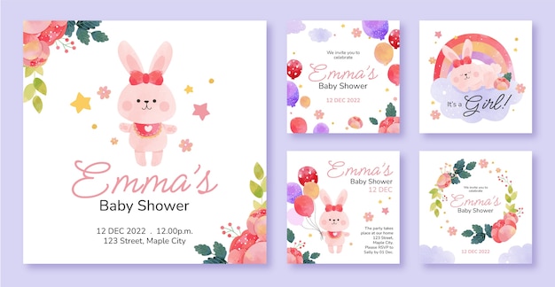 Free vector watercolor girl baby shower instagram posts collection