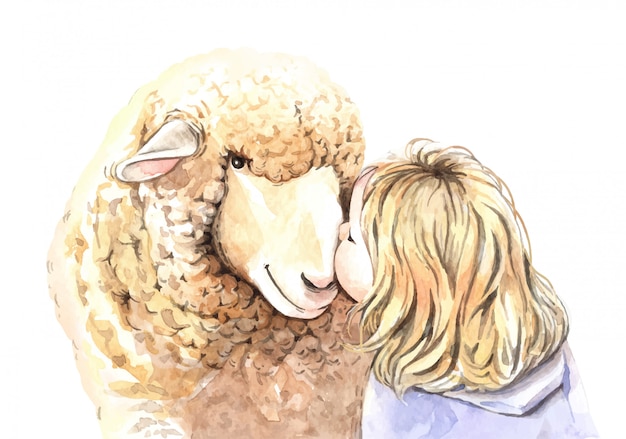 水彩画の女の子は羊のイラストにキスします プレミアムベクター 水彩画の女の子は羊のイラストにキスします プレミアムベクター