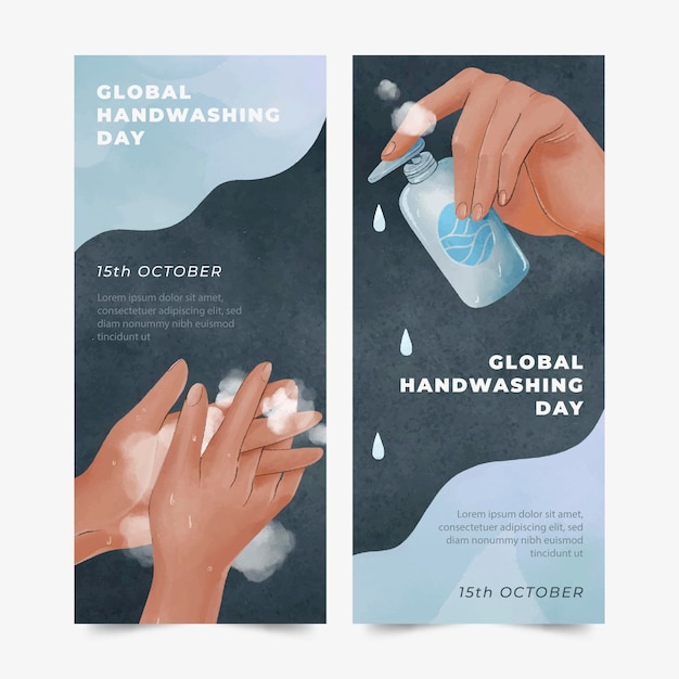 Vettore gratuito set di banner per la giornata mondiale del lavaggio delle mani dell'acquerello