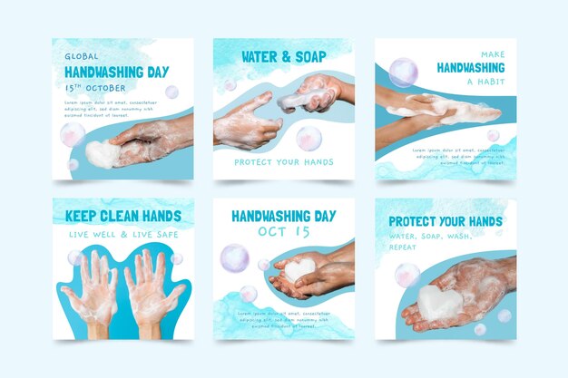 Watercolor global handwashing day instagram posts  collection with photo