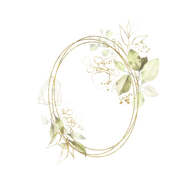 Watercolor gold geometrical round oval frame with green leaves