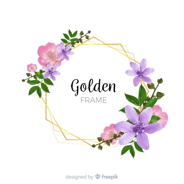 Watercolor golden frame with flowers