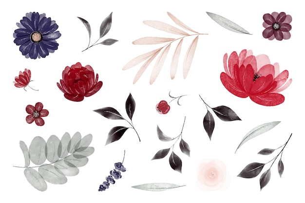 Бесплатное векторное изображение Коллекция акварельных готических цветов и листьев