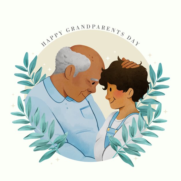 Акварельная иллюстрация дня бабушек и дедушек с внуком и дедушкой