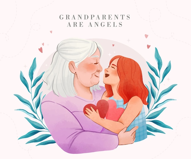 Free vector watercolor grandparents day illustration with grandchild hugging grandmother