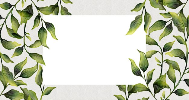 Акварель зеленые листья рамка с белым баннером