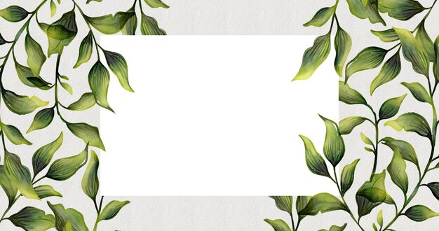 Watercolor green leaves frame with white banner