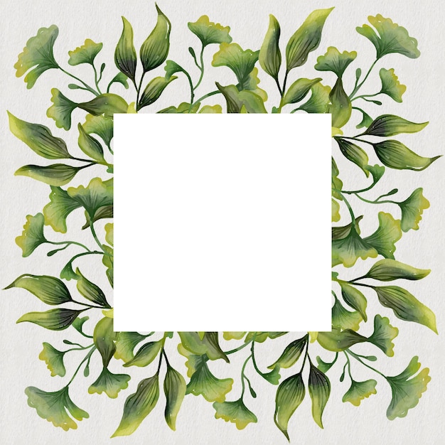 Watercolor green leaves with golden frame