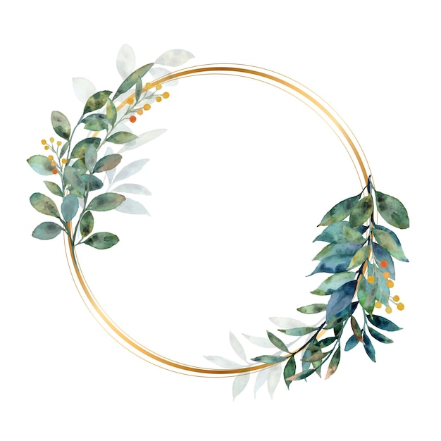 Акварельный венок из зеленых листьев с золотым кругом