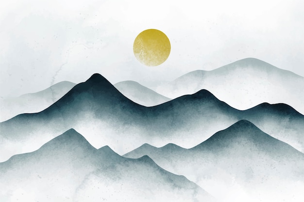 Free vector watercolor green mountains background with sun