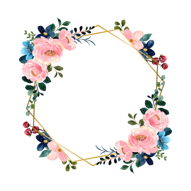 Watercolor green pink flower with geometric gold frame