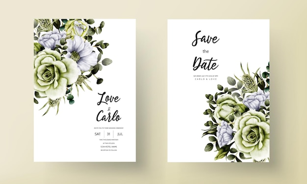 Free vector watercolor green rose and leaves invitation card