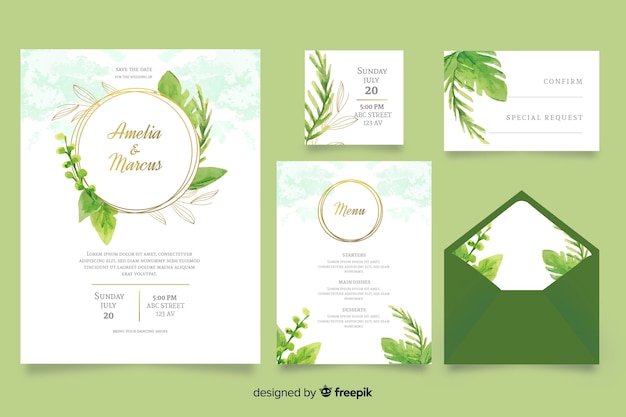 Watercolor green wedding stationery template