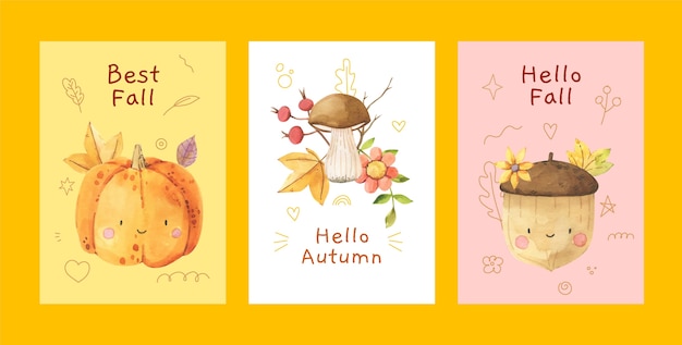 Watercolor greeting cards collection for fall season celebration