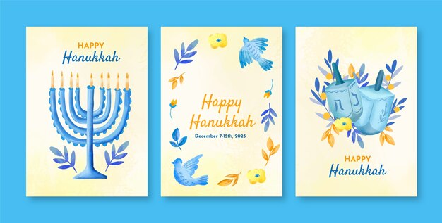 Watercolor greeting cards collection for jewish hanukkah celebration