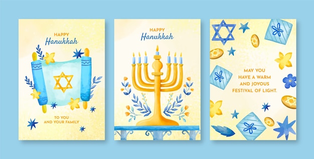 Watercolor greeting cards collection for jewish hanukkah celebration