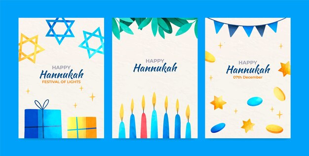 Watercolor greeting cards collection for jewish hanukkah holiday