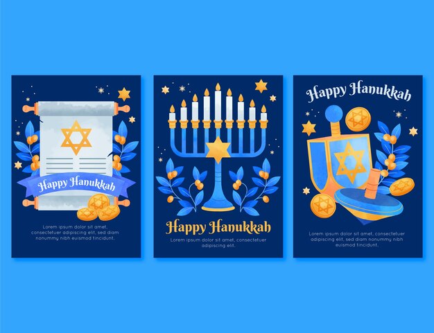 Watercolor greeting cards collection for jewish hanukkah holiday