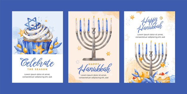 ユダヤ人のハヌカの休日のための水彩画のグリーティング カード コレクション